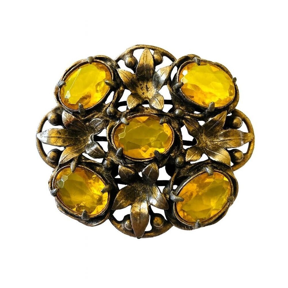 Vintage Czech Glass Art Nouveau Huge Faux Citrine Crystal Brooch